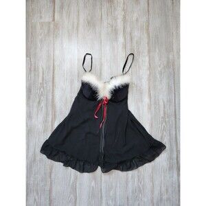 Inner Secrets Lingerie Babydoll Black Velvet Cups Feather Trim Sheer Sz L EUC
